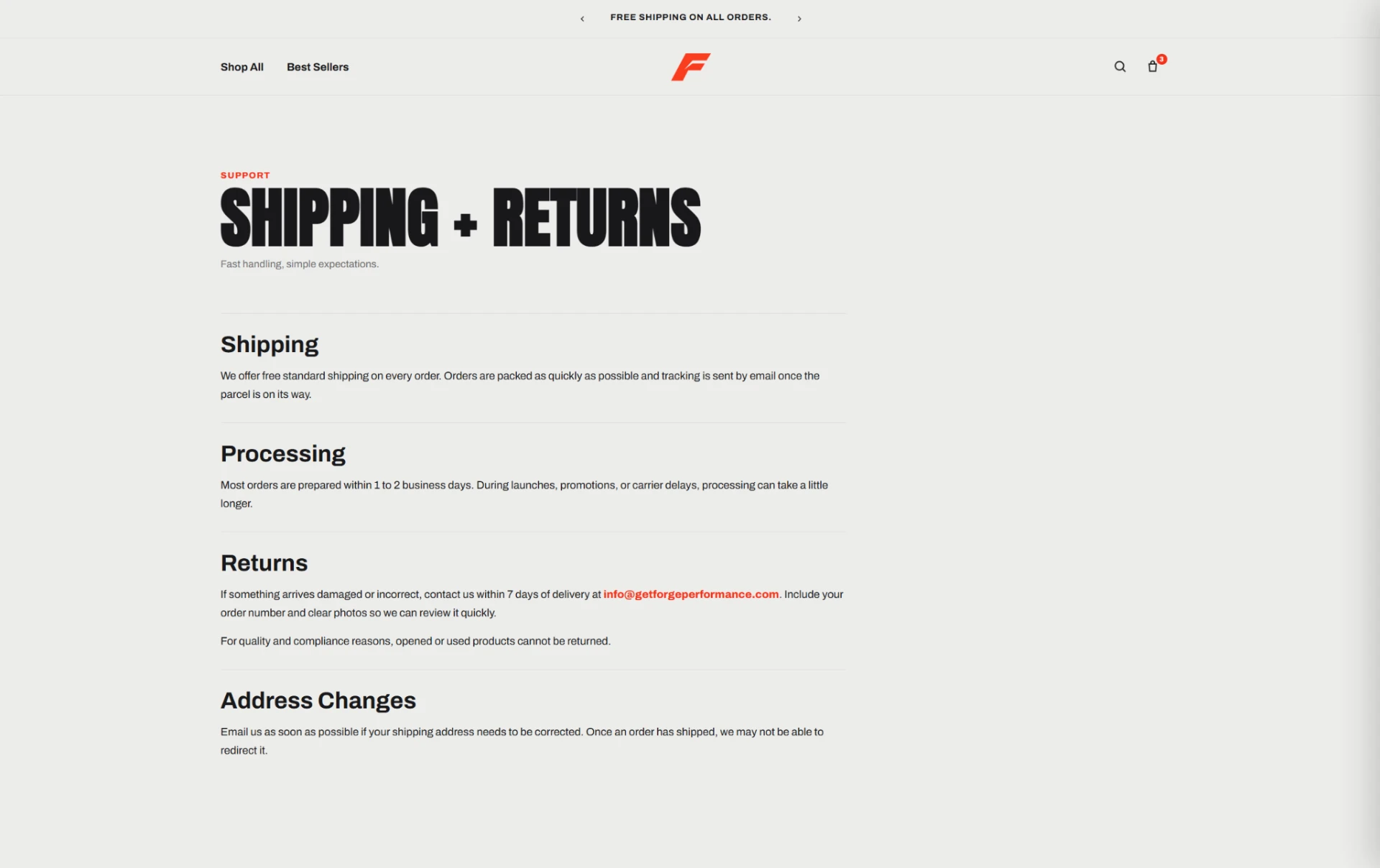 Forge Performance branded shipping and returns page