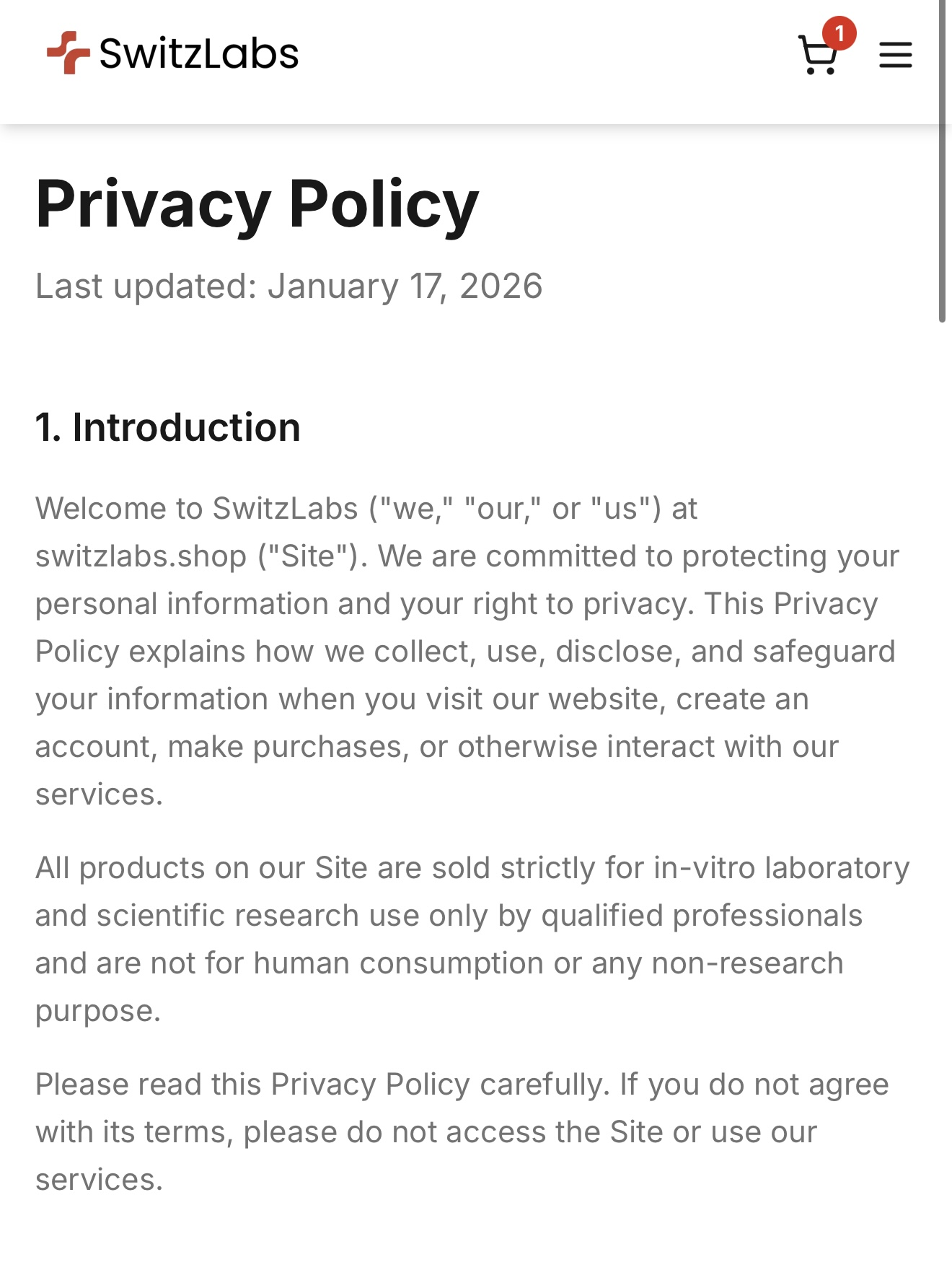 SwitzLabs branded mobile policy page
